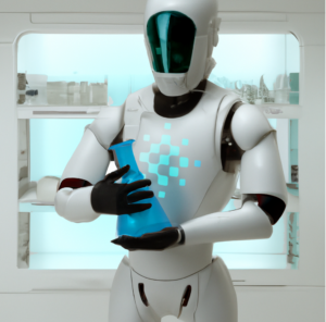 A robot holds a beaker in a lab, created using the Dall-E AI art platform and edited by POLARISqb Communications Director Will Simpson