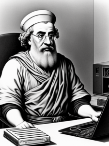 Greek mathematician Archimedes at a computer terminal.